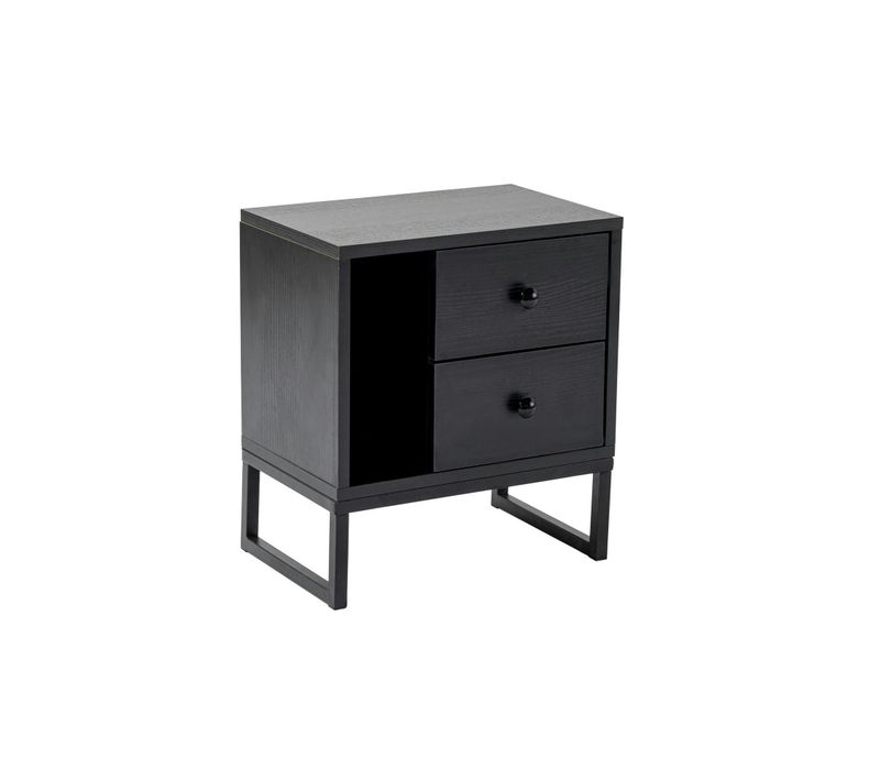 Table De Nuit Noire Effet Bois - 2 Tiroirs, 1 Niche Jena