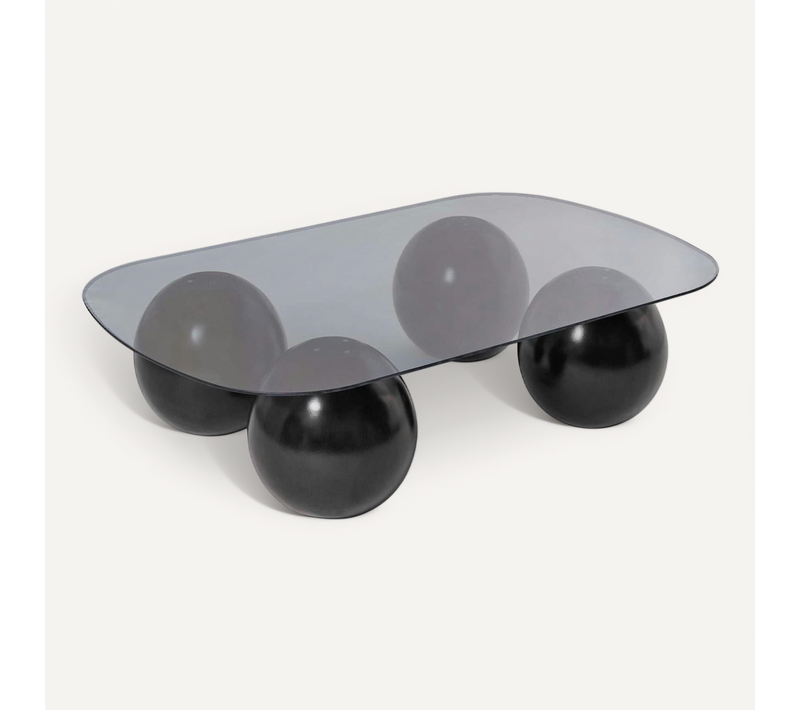Table Basse Verre Gris Bords Arrondis - 4 Pieds Noirs Kochi