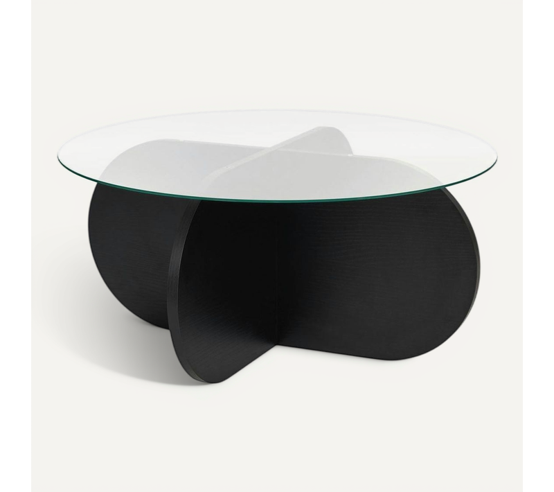 Table Basse Noire Plateau Verre – Pied Croix Effet Bois Salta