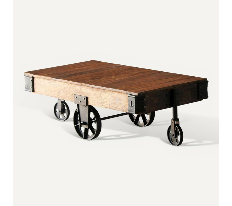 Table Basse Industrielle Vintage Bois Recyclé Roues Leeds