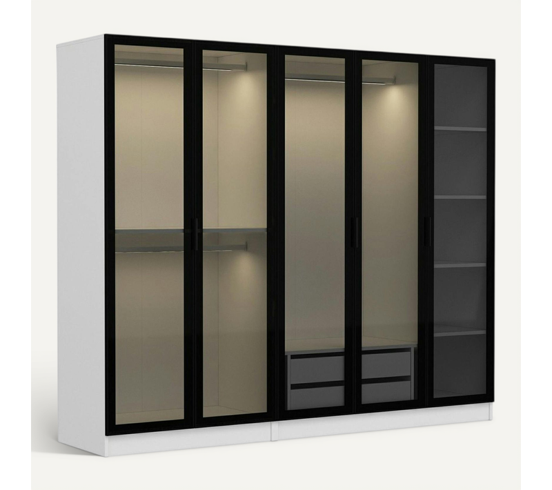 Armoire Dressing Design Blanc 5 Portes Verre H 210 Cm Byron