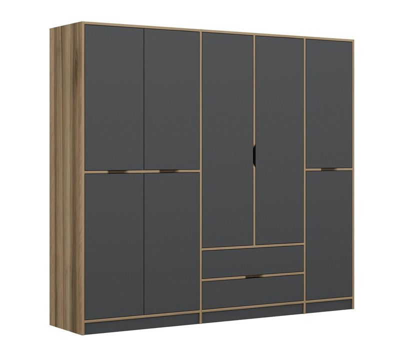 Armoire Dressing Chambre Effet Bois, 8 Portes Grises Byron