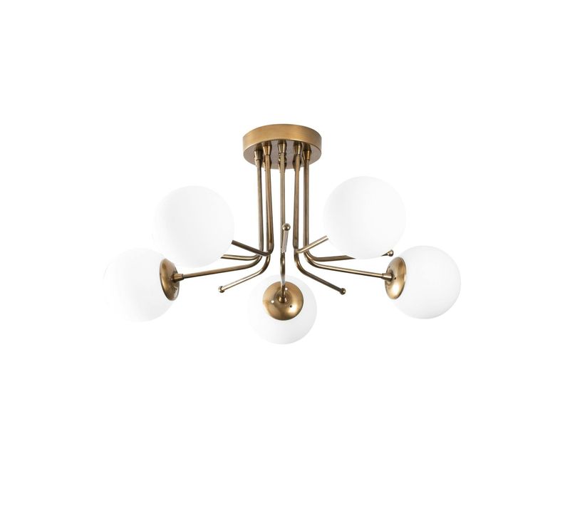 Plafonnier Vintage Métal Doré 5 Globes Verre Dépoli Sierre