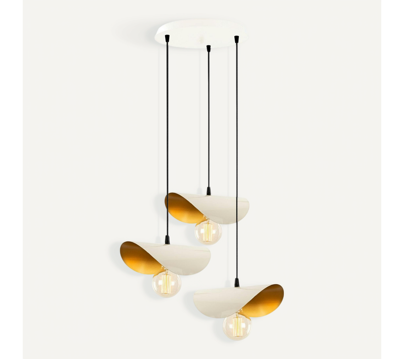 Suspension Moderne Chic Métal Crème et Doré, 3 Abat-jour Sinop