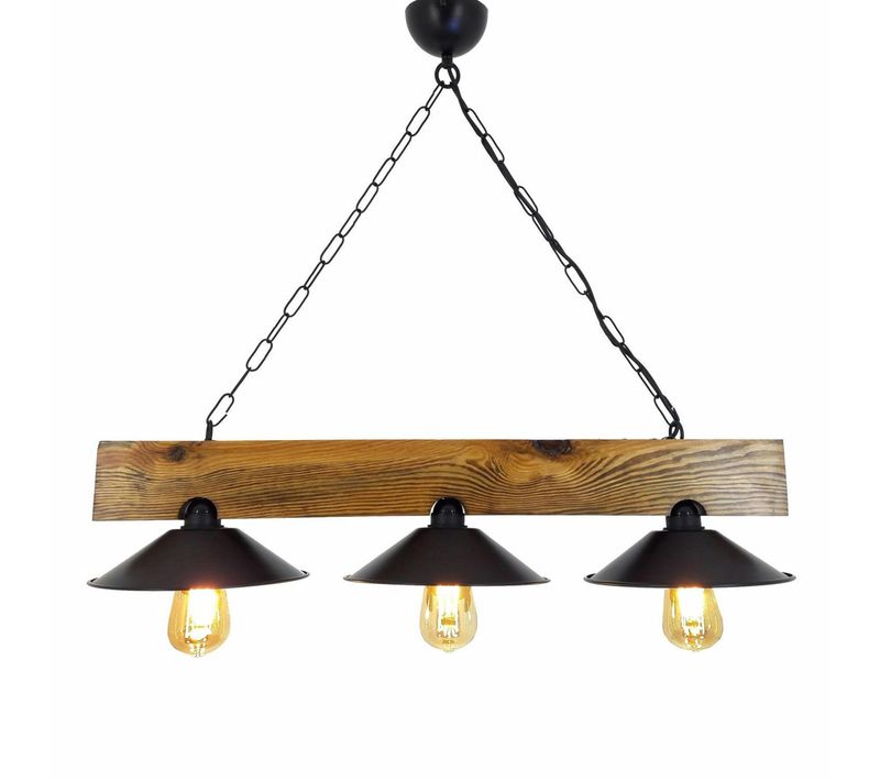 Suspension Industrielle Bois Métal, 3 Abat-jour Noirs Camogli