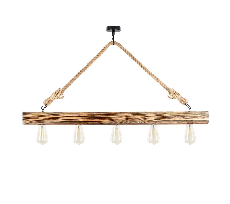 Suspension Industrielle Bois et Corde - 5 Ampoules Camogli