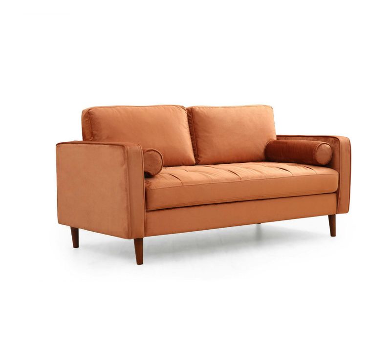 Canapé 2 Places Velours Rouille Avec Coussins Polochons Chiba