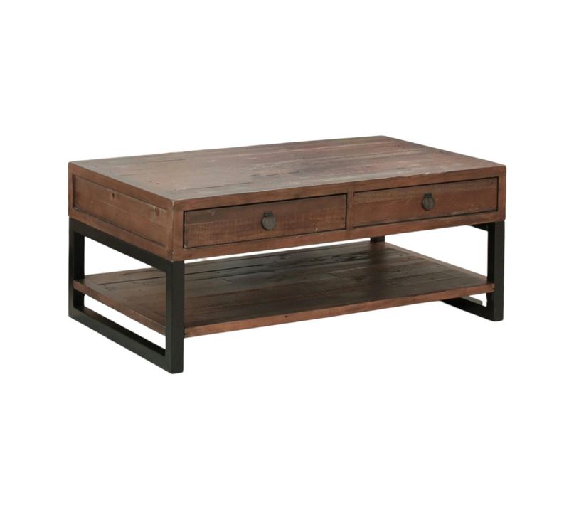 Table Basse Bois Brun Recyclé Double Plateau 2 Tiroirs Samoa