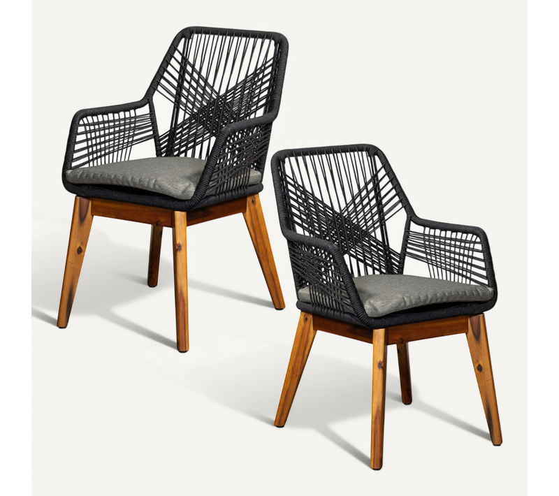 Chaise De Jardin Noire En Corde Tressée Et Pieds Bois Fsc® (lot De 2) Grenade