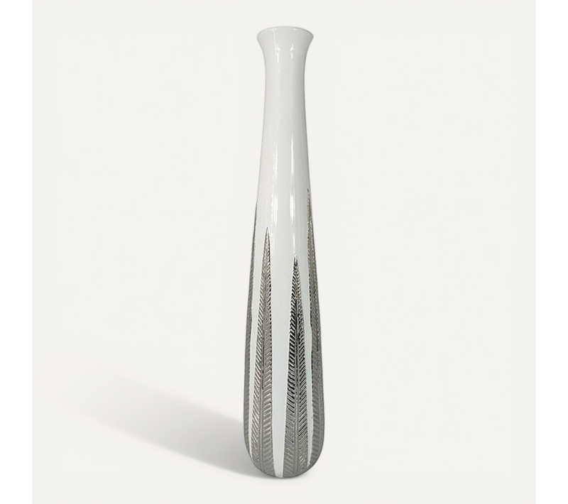 Grand Vase Blanc Et Argent Avec Feuilles