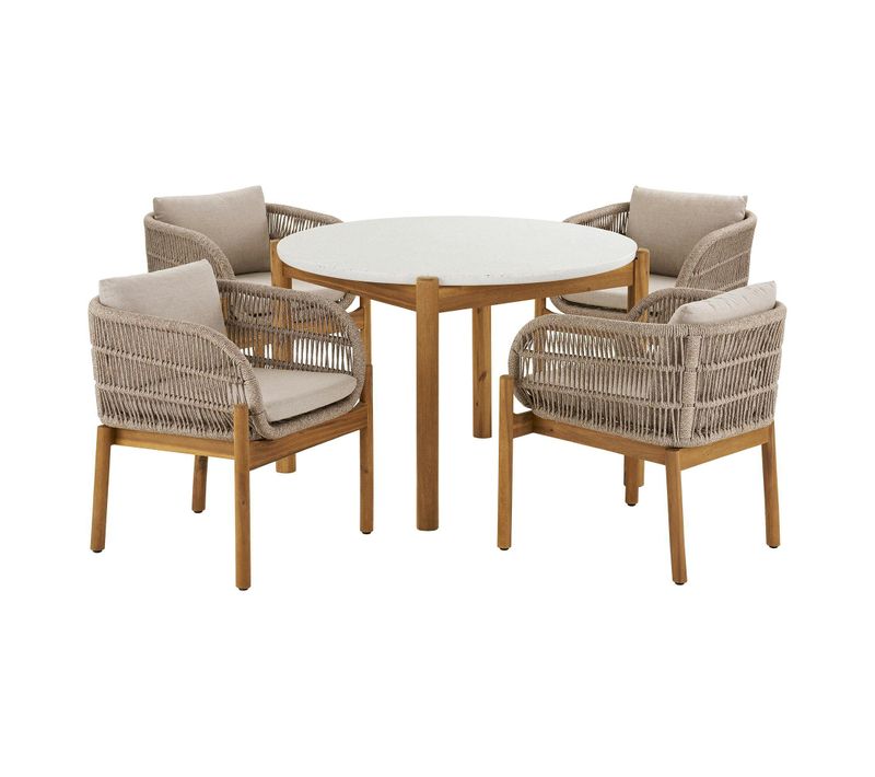 Salon De Jardin En Bois D'acacia Et Corde Tressée (1 Table De Jardin D.120 Cm Et 4 Sièges) Mendoza