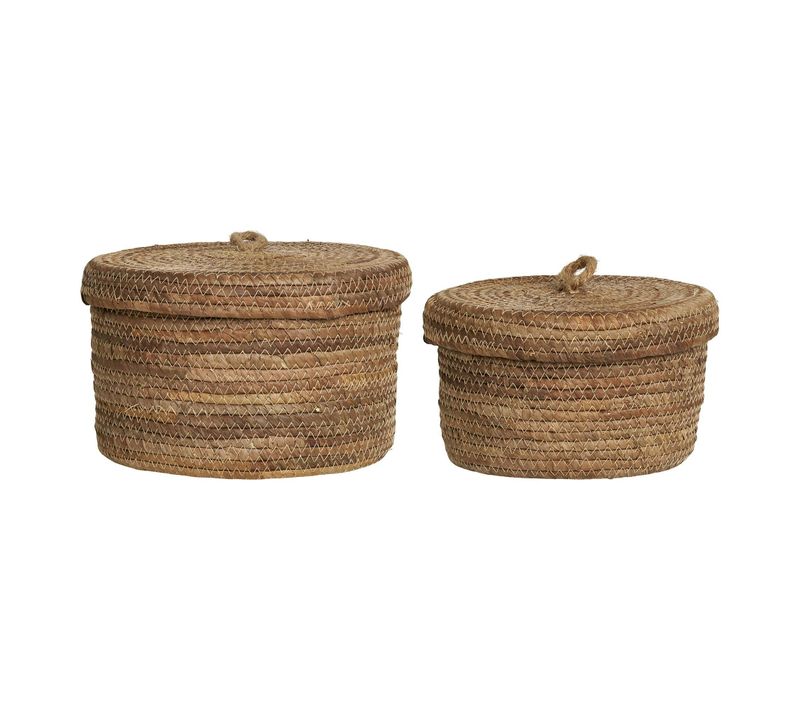 Petit Panier De Rangement Rond En Feuille De Bananier Avec Couvercle (lot De 2)
