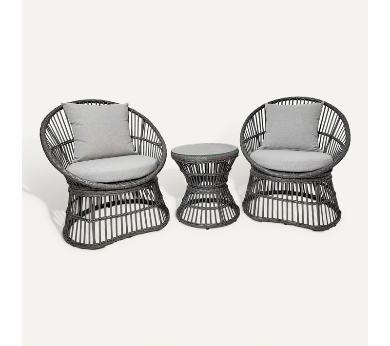 Salon De Jardin En Rotin Synthétique Gris (2 Fauteuils Et 1 Petite Table Ronde) Mendoza