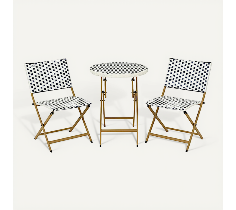 Salon De Jardin Table Ronde + 2 Chaises Résine Blanche Tressée Motifs Bleus Bistrot