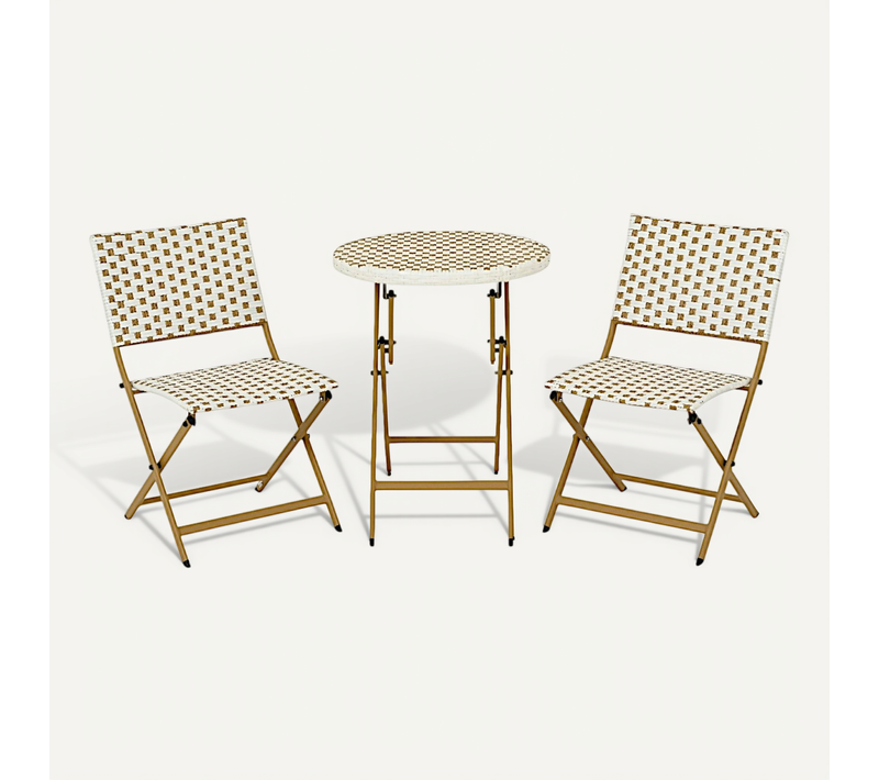 Salon De Jardin Table Ronde + 2 Chaises Résine Blanche Tressée Motifs Beiges Bistrot