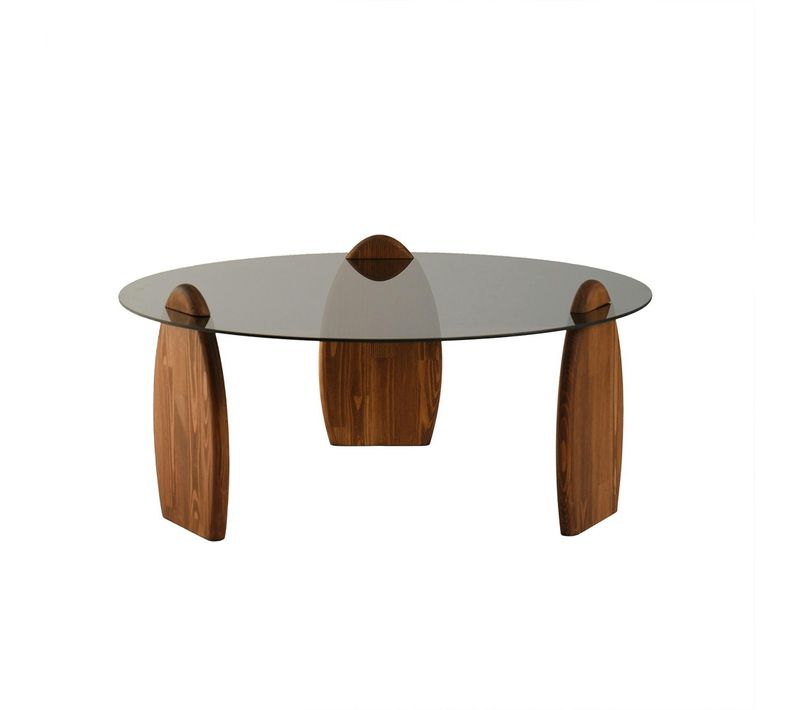 Table Basse Ronde En Verre Fumé - 3 Pieds Bois Brun Anzio