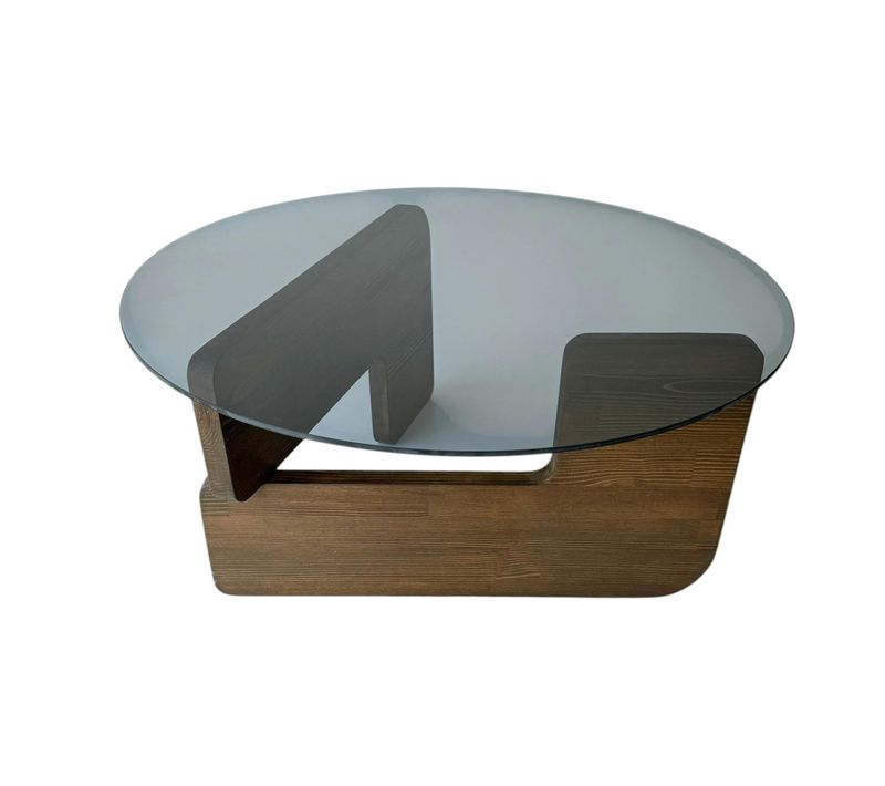 Table Basse Design En Verre Fumé - Pied Bois Brun Anzio