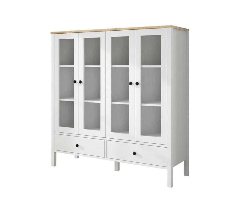 Buffet Vaisselier Blanc, 4 Portes Vitrées 2 Tiroirs Salta