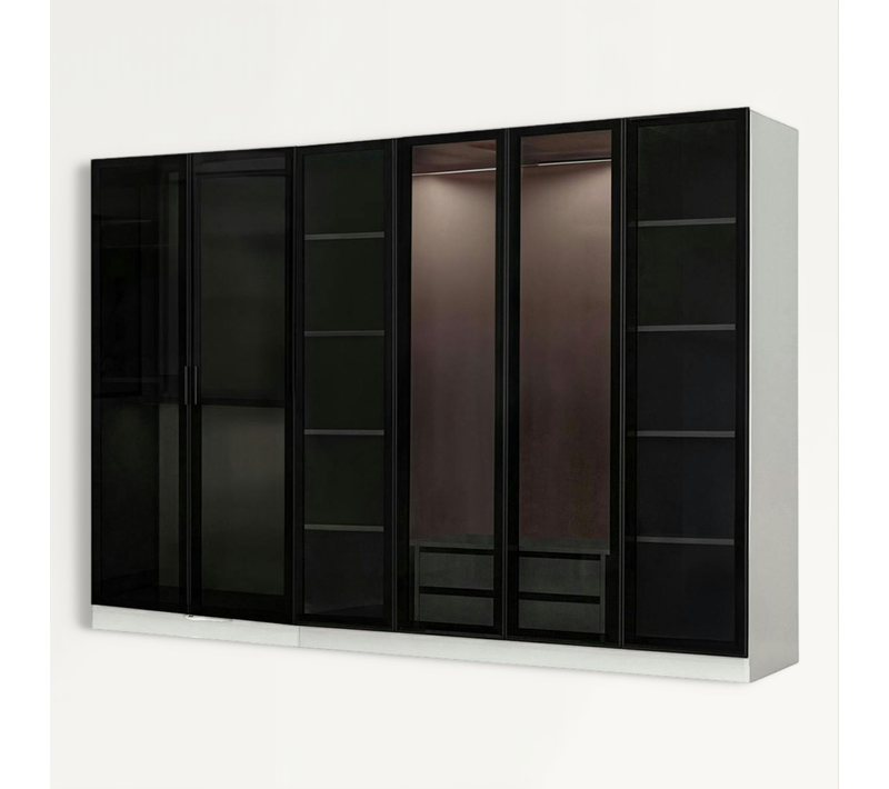 Dressing Design 6 Portes Verre, Cadre Blanc, 2 Tiroirs Byron