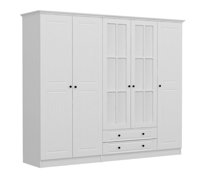 Armoire Penderie Blanche à Moulures, 5 Portes 2 Miroirs Byron