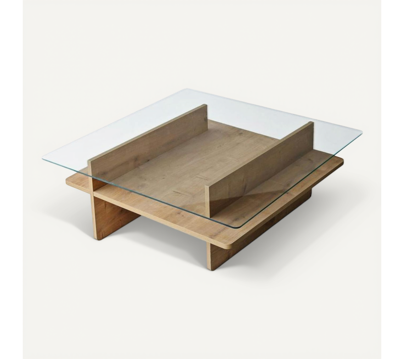 Table Basse En Verre Carrée, Base Effet Bois Salta
