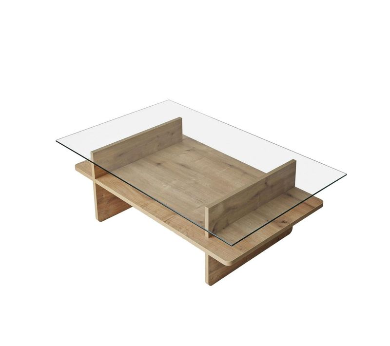Table Basse Design 2 Plateaux, Verre Et Effet Bois Salta