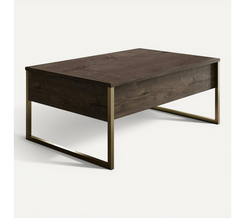 Table Basse Rectangulaire Effet Bois Foncé, Pieds Dorés Jena