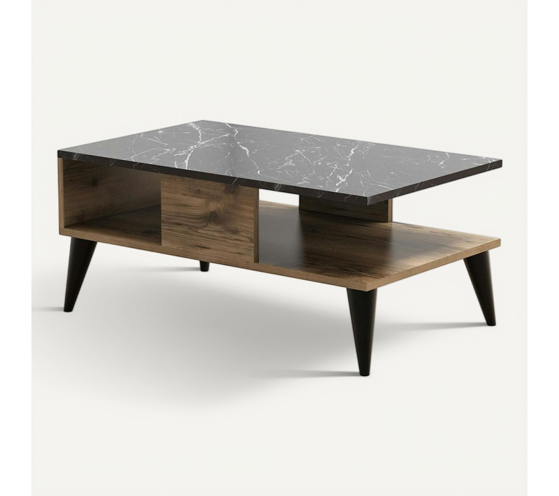 Table Basse 2 Plateaux Effet Marbre Noir Et Noyer Marfa