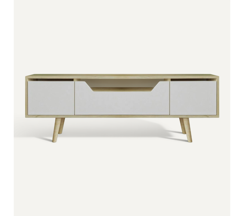 Meuble TV Moderne 3 Portes Blanches Cadre Clair 150 Cm Marfa