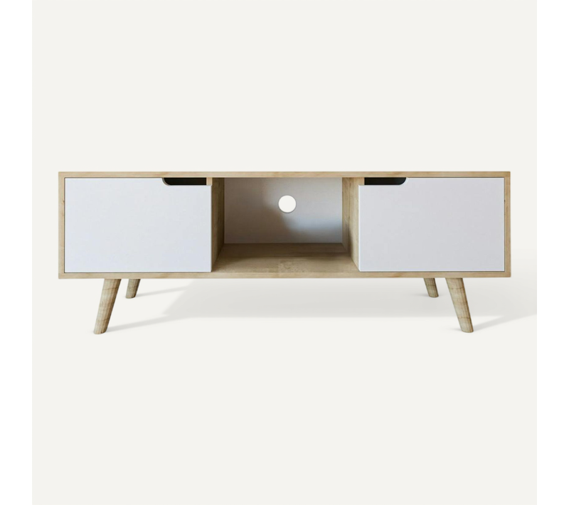 Petit Meuble TV 2 Portes Blanches Cadre Effet Bois Clair Marfa