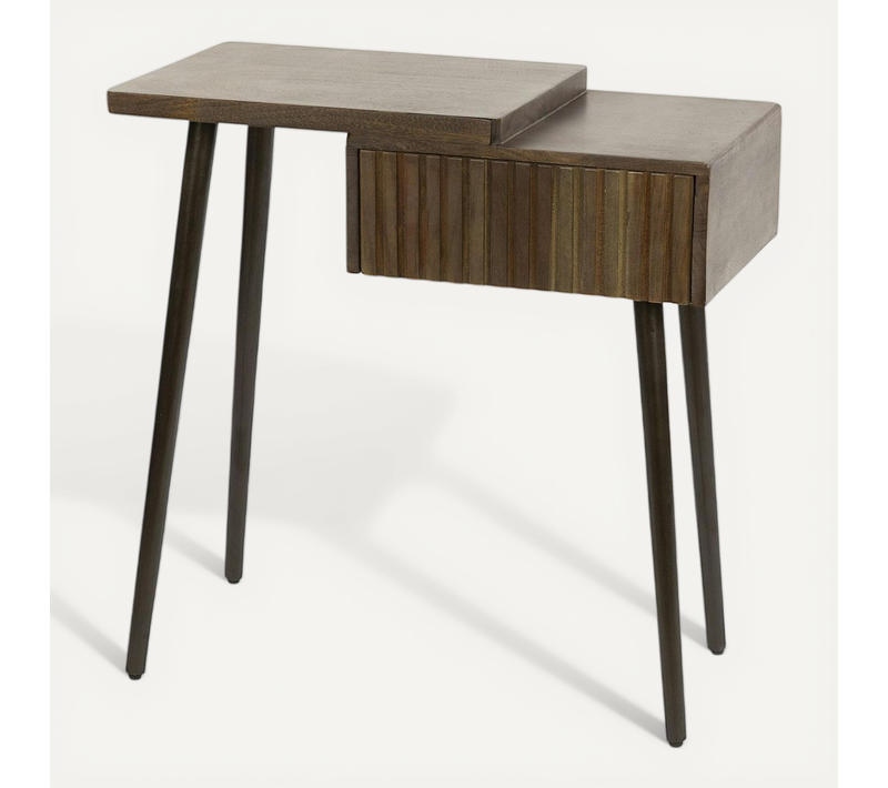 Table De Chevet Bois Brun 2 Plateaux et Tiroir Rainuré (g) Nako