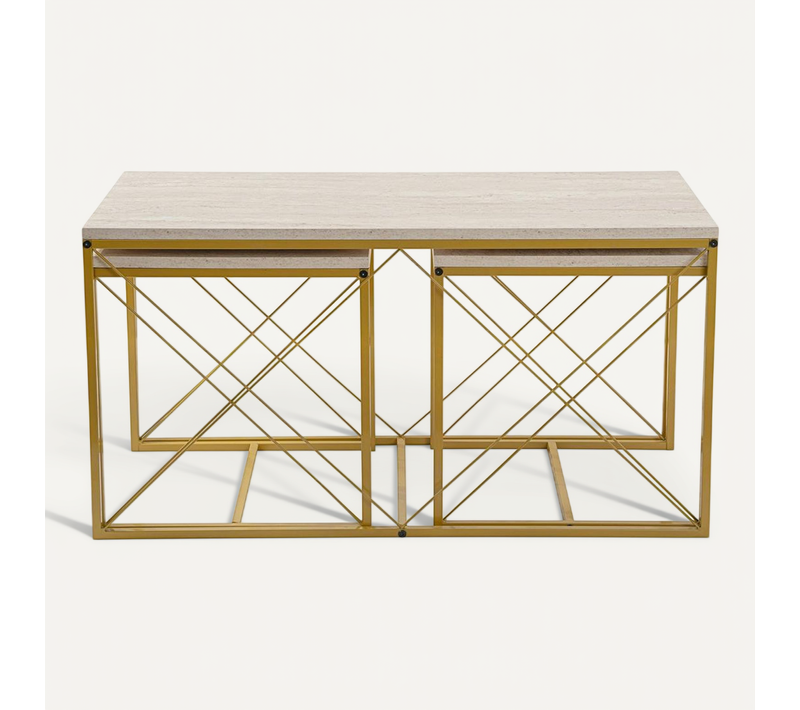 Table Basse Gigogne Effet Travertin Pied Doré (lot De 3) Jena
