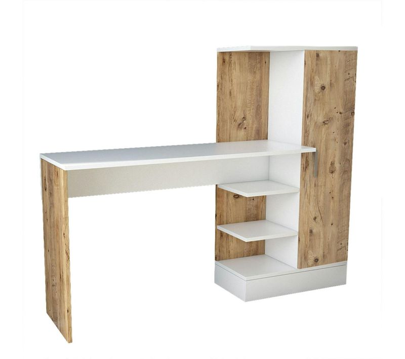 Bureau Ado Blanc Décor Bois Avec Rangement Et étagères Marfa