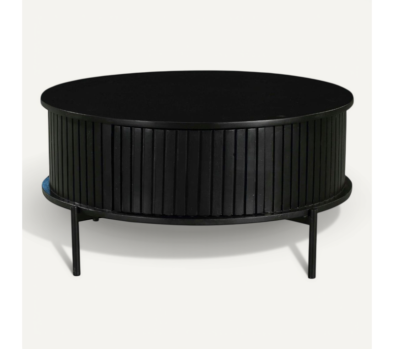 Table Basse Ronde Noire En Bois Rainuré 2 Tiroirs Cortina