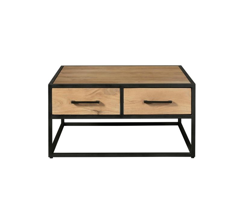 Table Basse Carrée Bois Clair Métal Noir 4 Tiroirs Rivano