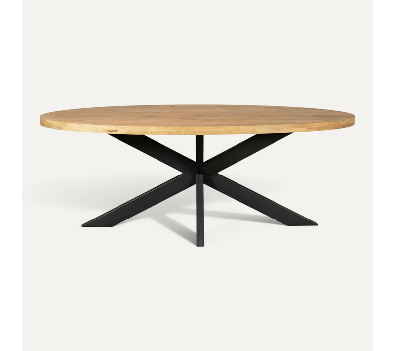 Table Ovale Bois Clair Pied Croisé Métal Noir 210 Cm Rivano