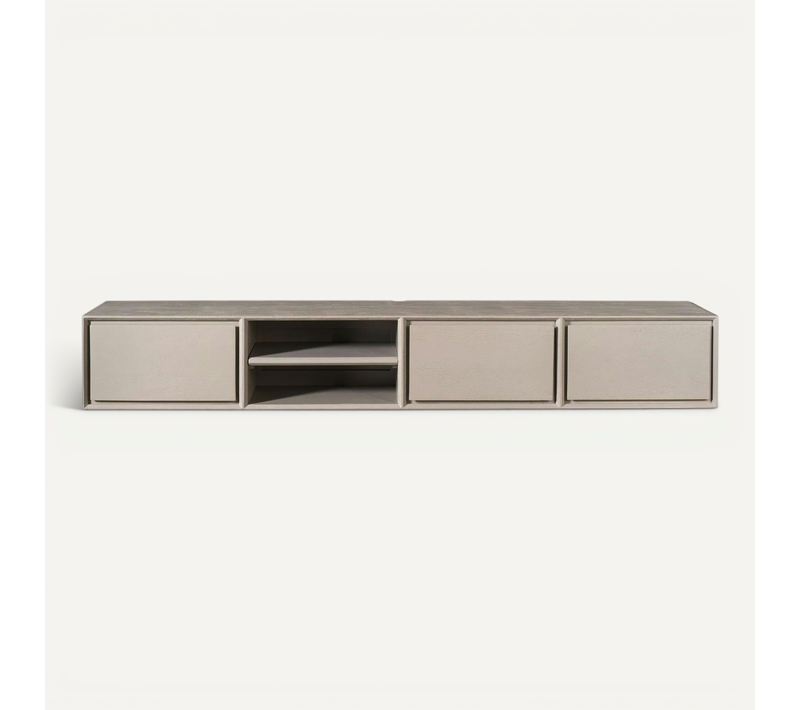 Long Meuble TV Suspendu Bois Taupe 3 Tiroirs 1 Niche 280 Cm Aera