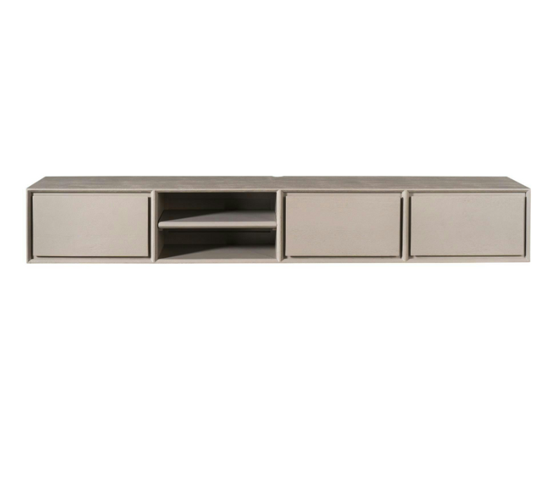 Long Meuble TV Suspendu Bois Taupe 3 Tiroirs 1 Niche 240 Cm Aera