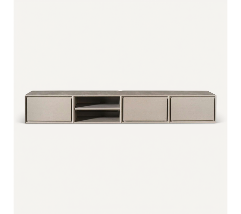 Meuble TV Suspendu Bois Taupe 3 Tiroirs 1 Niche 200 Cm Aera