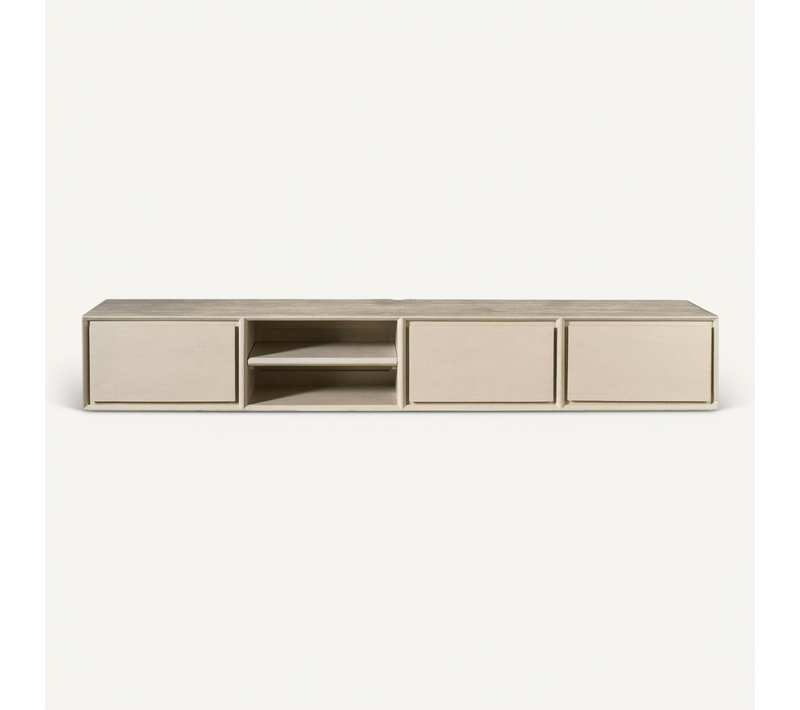 Long Meuble TV Suspendu Bois Sable 3 Tiroirs 1 Niche 280 Cm Aera