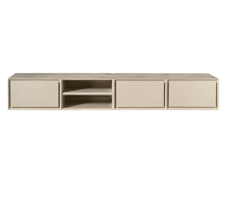 Long Meuble TV Suspendu Bois Sable 3 Tiroirs 1 Niche 240 Cm Aera