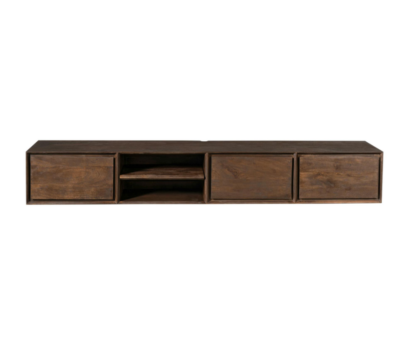 Long Meuble TV Suspendu Bois Foncé 3 Tiroirs 1 Niche 240 Cm Aera