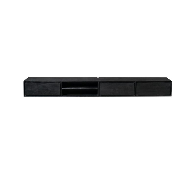 Long Meuble TV Suspendu Bois Noir 3 Tiroirs 1 Niche 280 Cm Aera