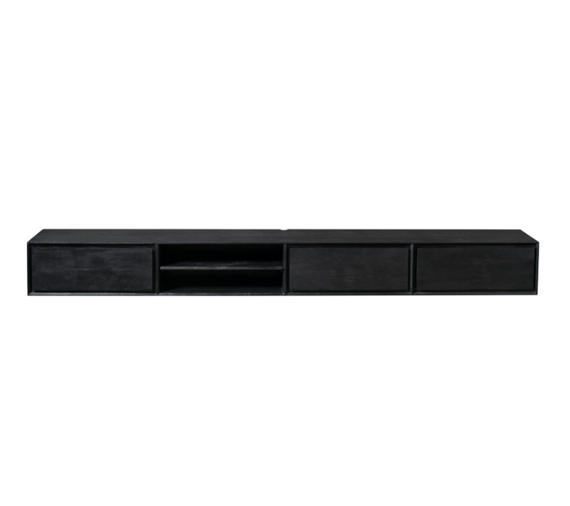 Long Meuble TV Suspendu Bois Noir 3 Tiroirs 1 Niche 240 Cm Aera