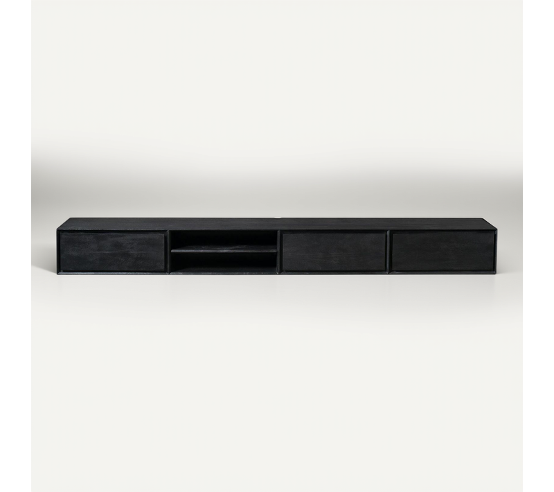 Meuble TV Suspendu Bois Noir 3 Tiroirs 1 Niche 200 Cm Aera