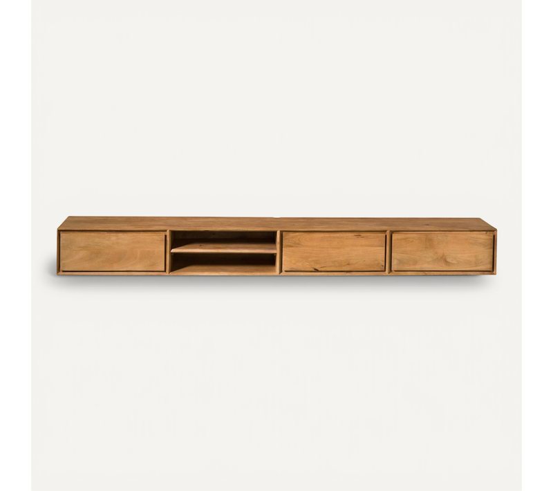 Long Meuble TV Suspendu Bois 3 Tiroirs 1 Niche 280 Cm Aera