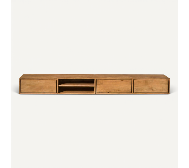 Long Meuble TV Suspendu Bois 3 Tiroirs 1 Niche 240 Cm Aera