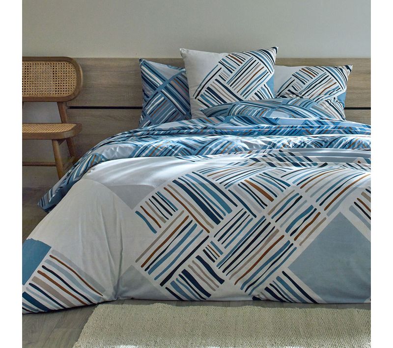 Housse De Couette 200x200 Bleu Grisé En Coton