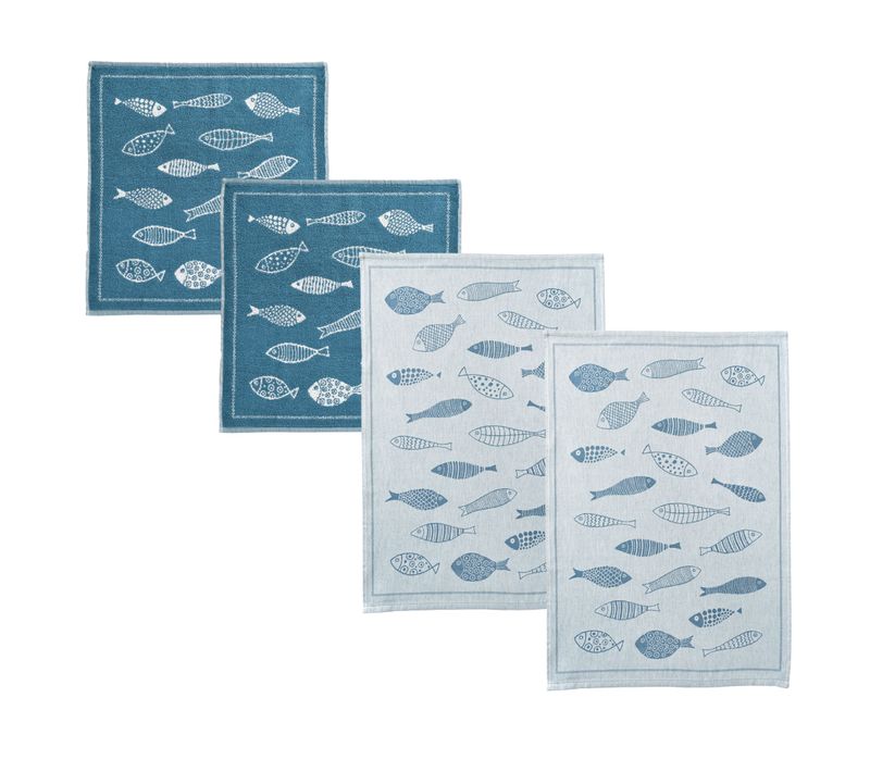 Lot De 4 Lot Torchons + Essuie-mains 50x70 Bleu En Coton