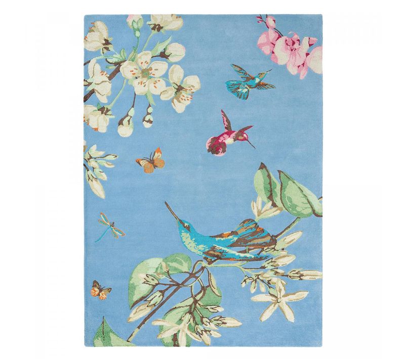 Tapis Salon 170x240 Fait à La Main En Laine Bleu Et Rouge Motif Floral